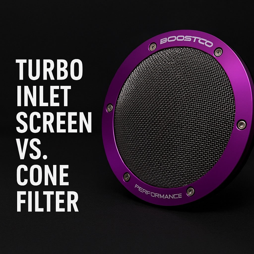 BoostCo 4-inch turbo inlet screen filter next to bold blog title comparing it to a cone filter – high-flow stainless steel mesh with compact design