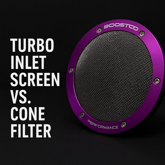 BoostCo 4-inch turbo inlet screen filter next to bold blog title comparing it to a cone filter – high-flow stainless steel mesh with compact design